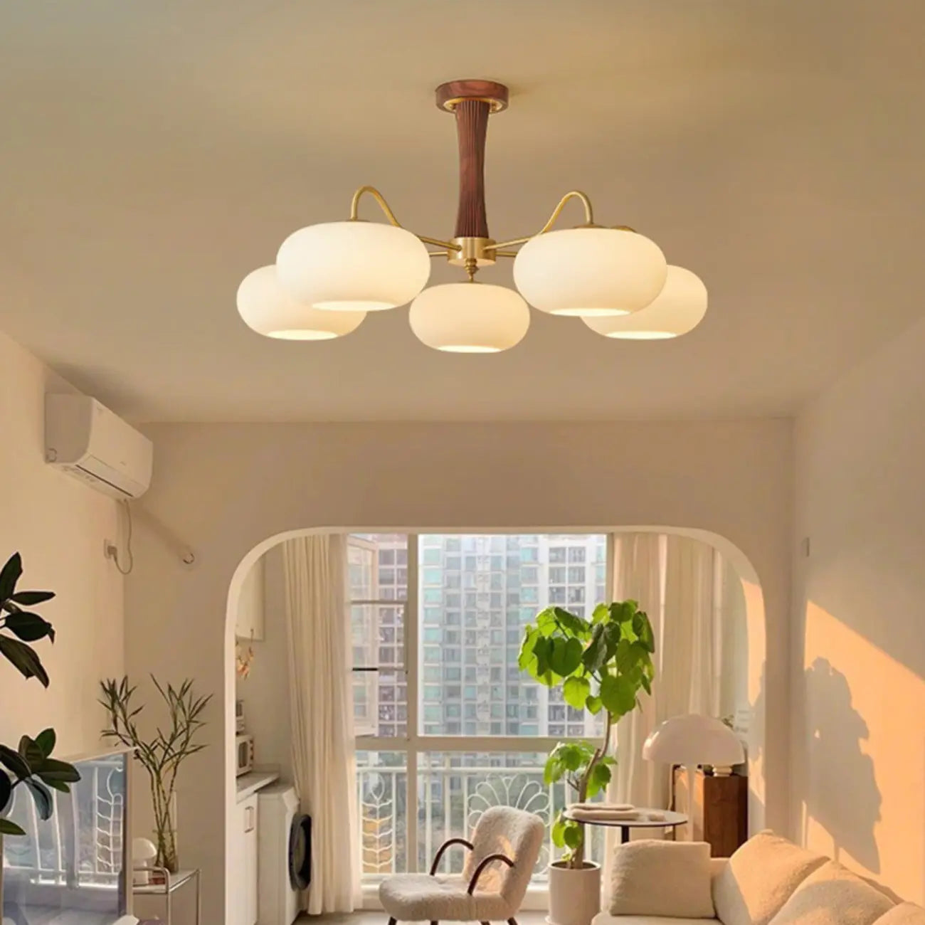 Rustic Walnut Wood Oblate Glass Semi Flush Ceiling Light