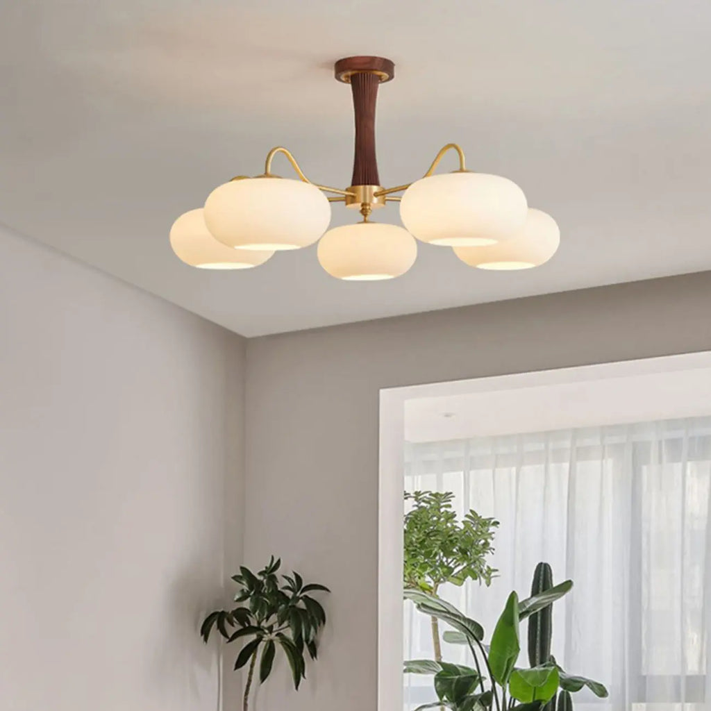 Rustic Walnut Wood Oblate Glass Semi Flush Ceiling Light