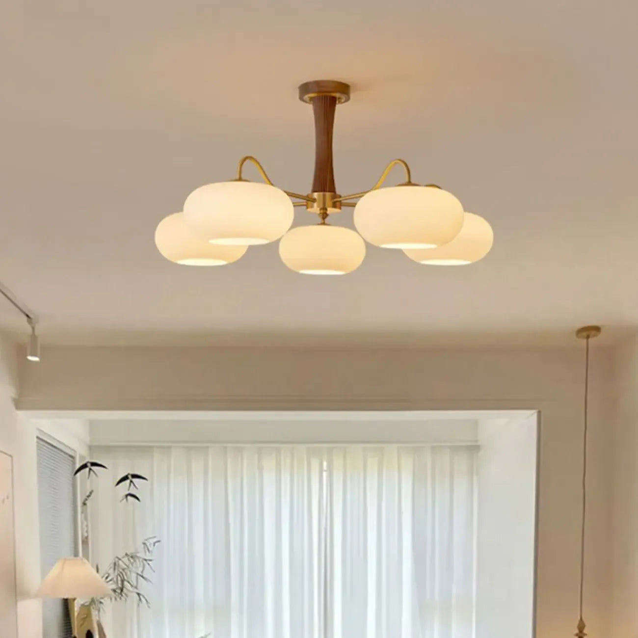 Rustic Walnut Wood Oblate Glass Semi Flush Ceiling Light