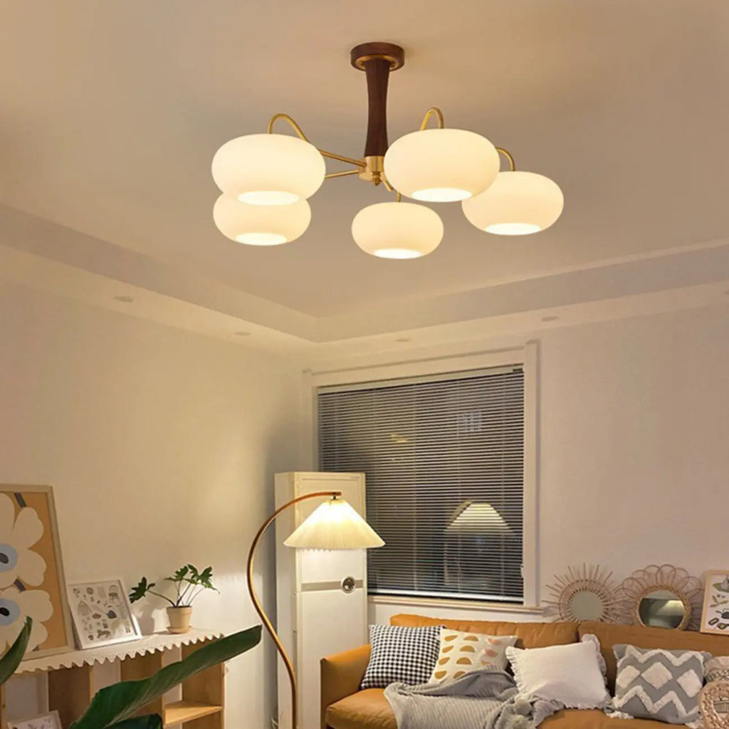 Rustic Walnut Wood Oblate Glass Semi Flush Ceiling Light
