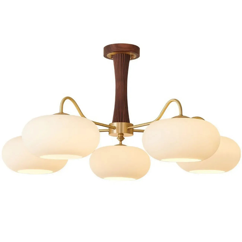 Rustic Walnut Wood Oblate Glass Semi Flush Ceiling Light
