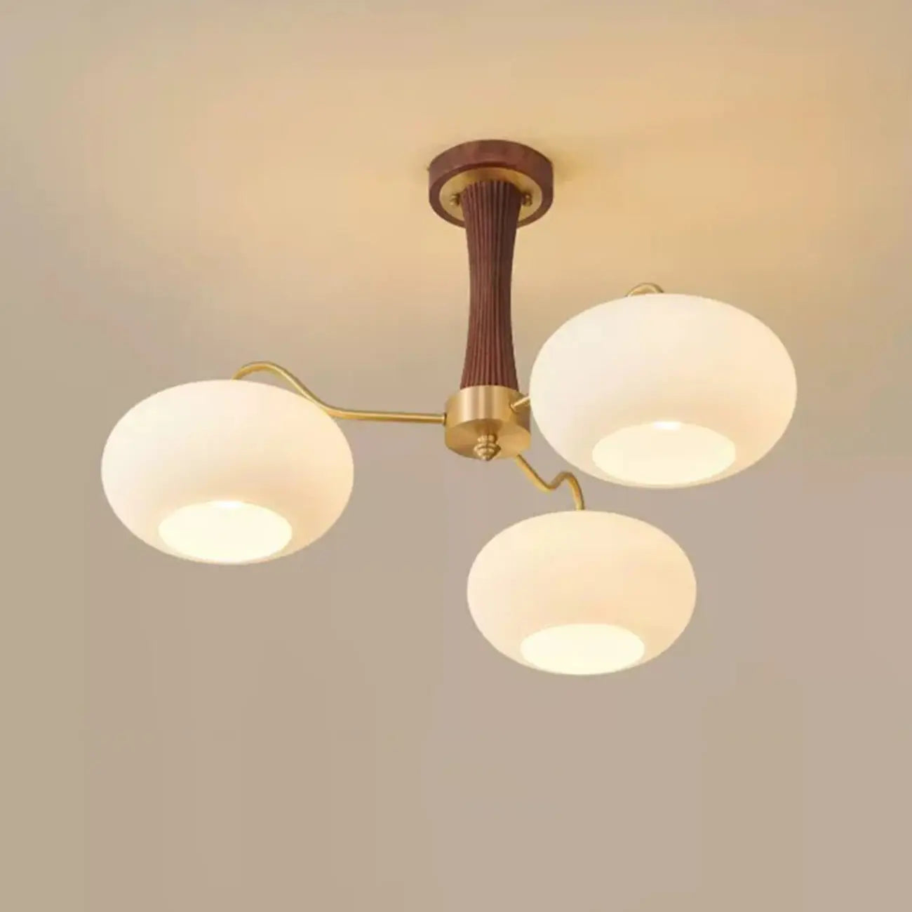 Rustic Walnut Wood Oblate Glass Semi Flush Ceiling Light