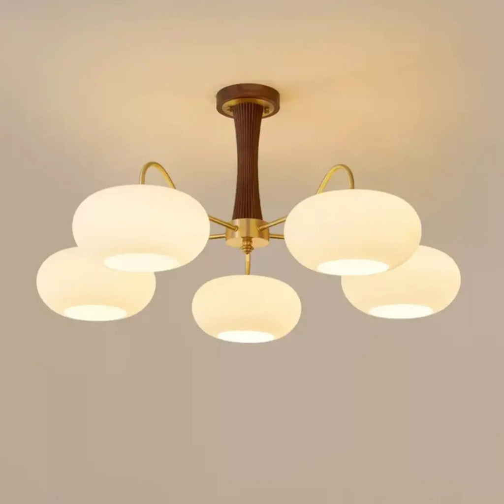 Rustic Walnut Wood Oblate Glass Semi Flush Ceiling Light