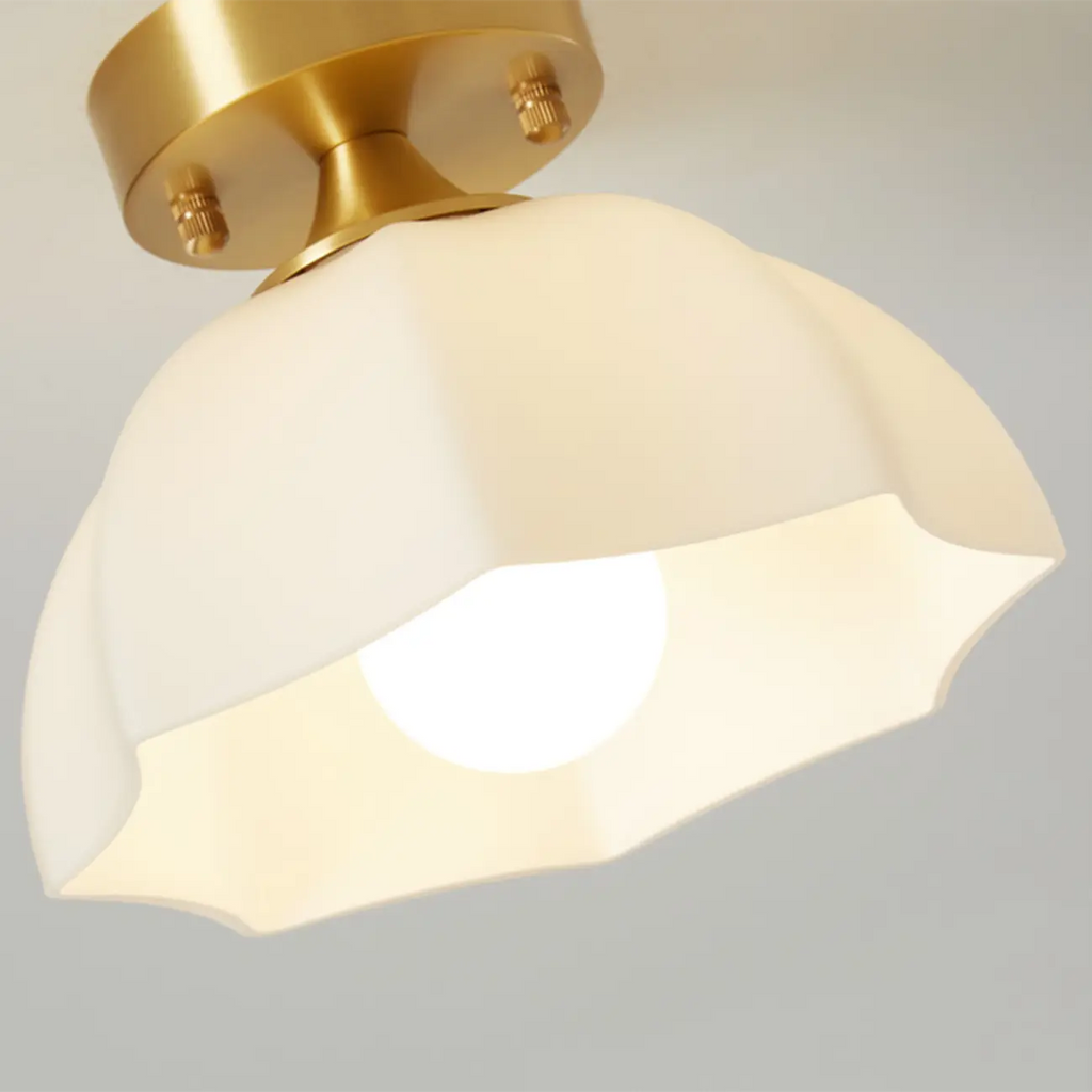 White Floral Glass Golden Semi Flush Ceiling Light
