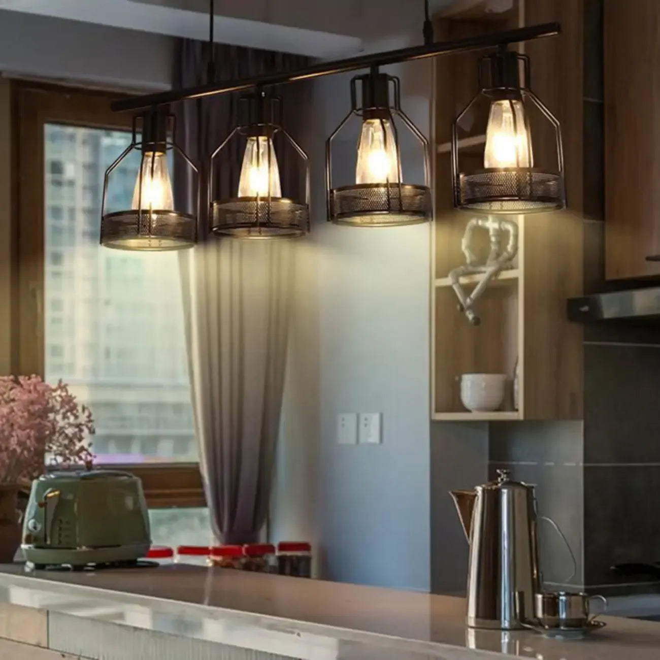 Industrial 4-Light Black Metal Bottle Pendant Light