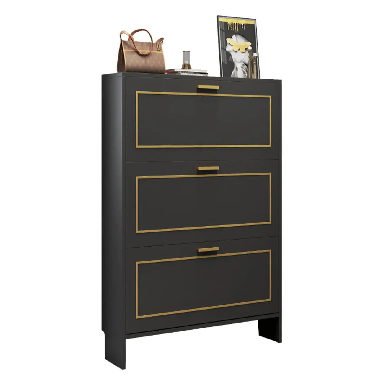 3-Tier Black Drop-Front Entryway Shoe Storage Cabinet