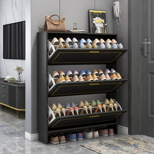 3-Tier Black Drop-Front Entryway Shoe Storage Cabinet