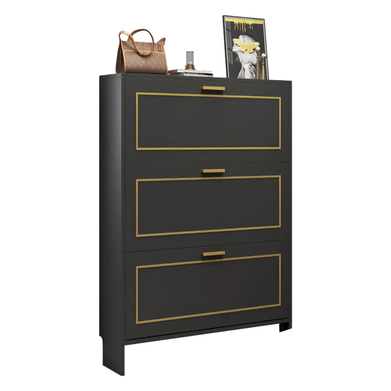 3-Tier Black Drop-Front Entryway Shoe Storage Cabinet