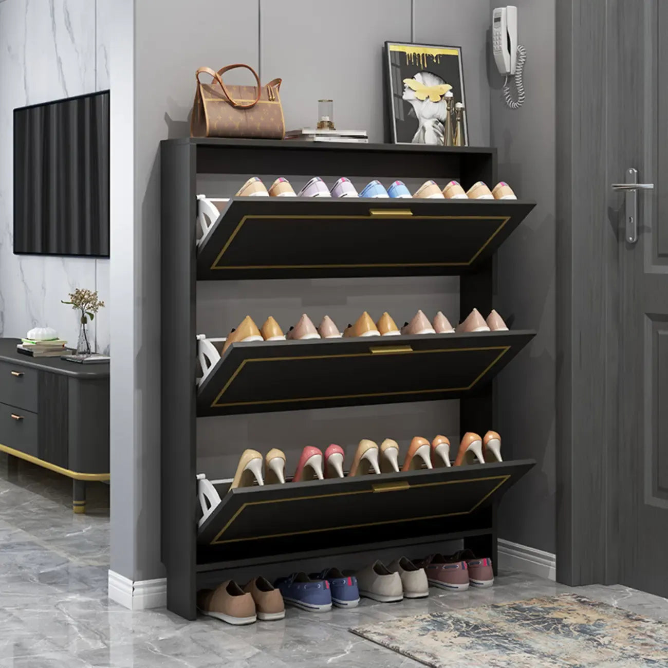 3-Tier Black Drop-Front Entryway Shoe Storage Cabinet