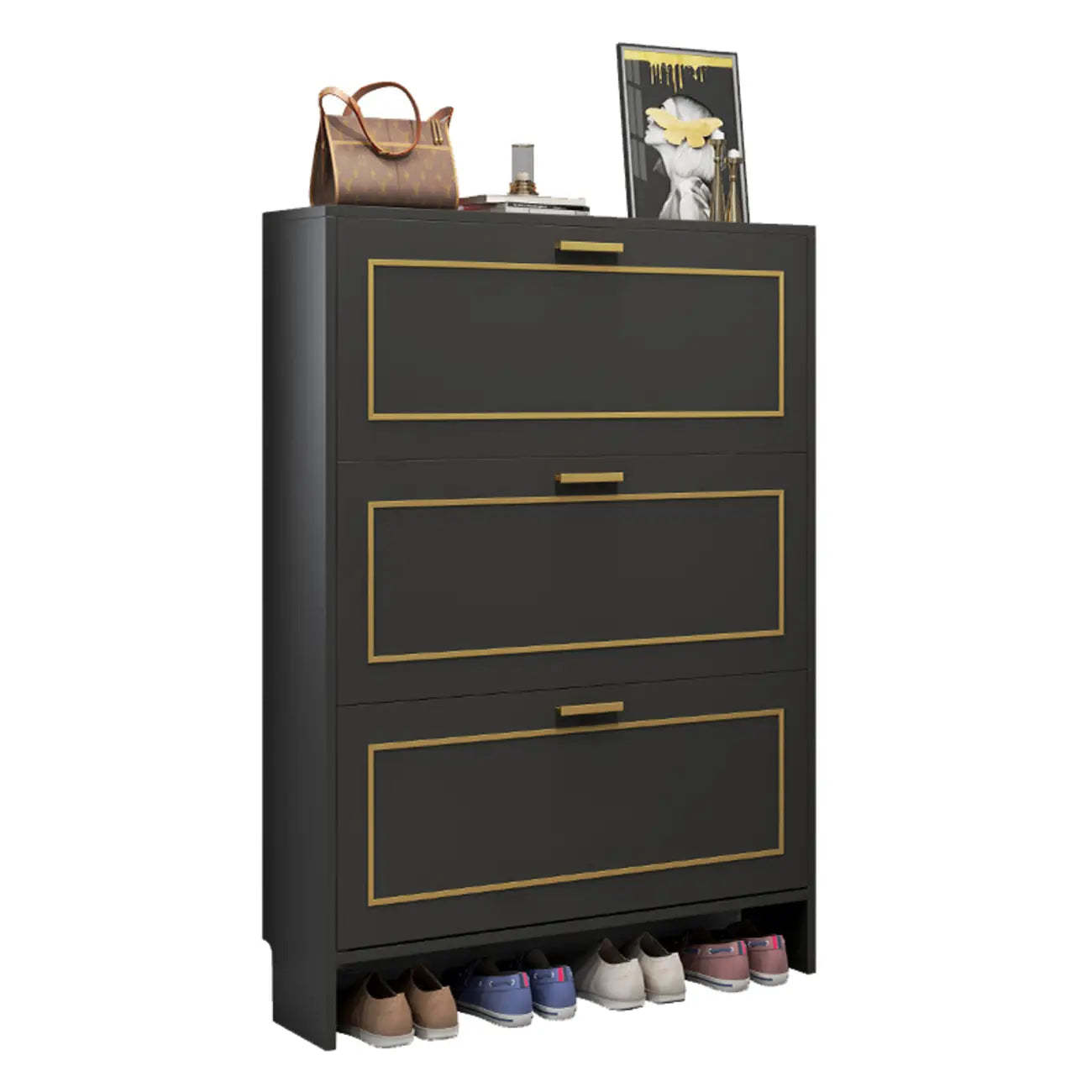 3-Tier Black Drop-Front Entryway Shoe Storage Cabinet
