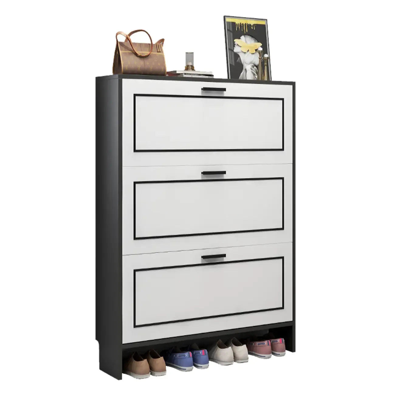 3-Tier Black Drop-Front Entryway Shoe Storage Cabinet