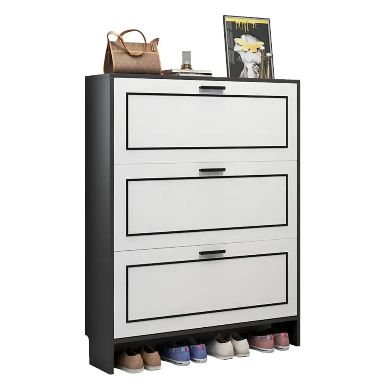 3-Tier Black Drop-Front Entryway Shoe Storage Cabinet