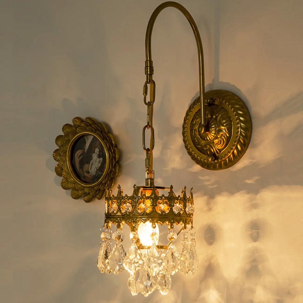 Luxurious Antique Brass Vintage Hanging Wall Lamp with Crystal