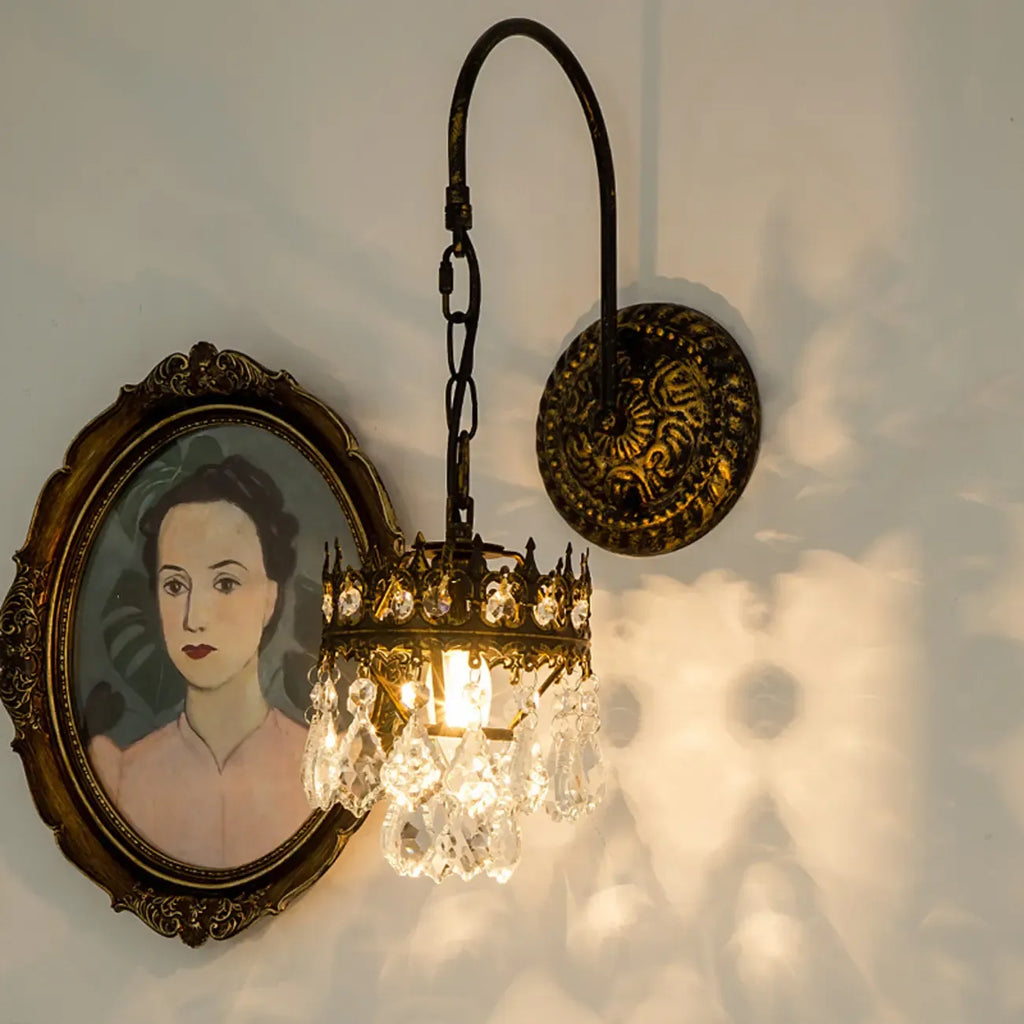 Luxurious Antique Brass Vintage Hanging Wall Lamp with Crystal