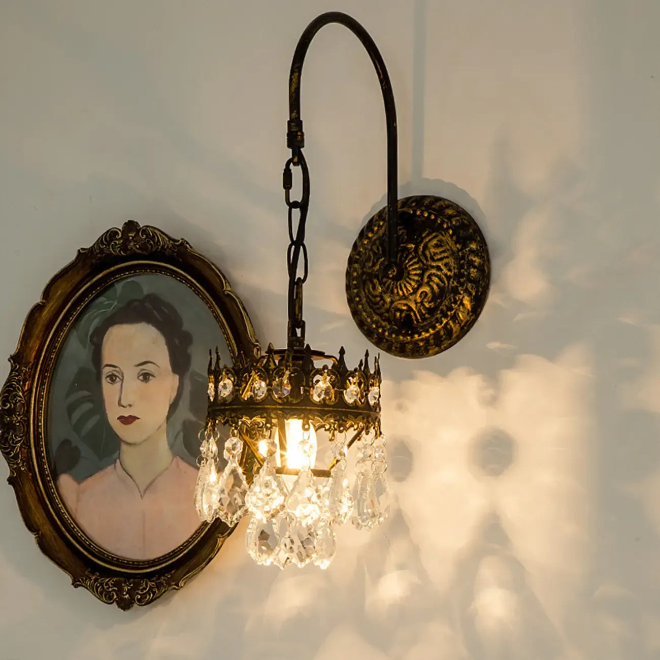 Luxurious Antique Brass Vintage Hanging Wall Lamp with Crystal