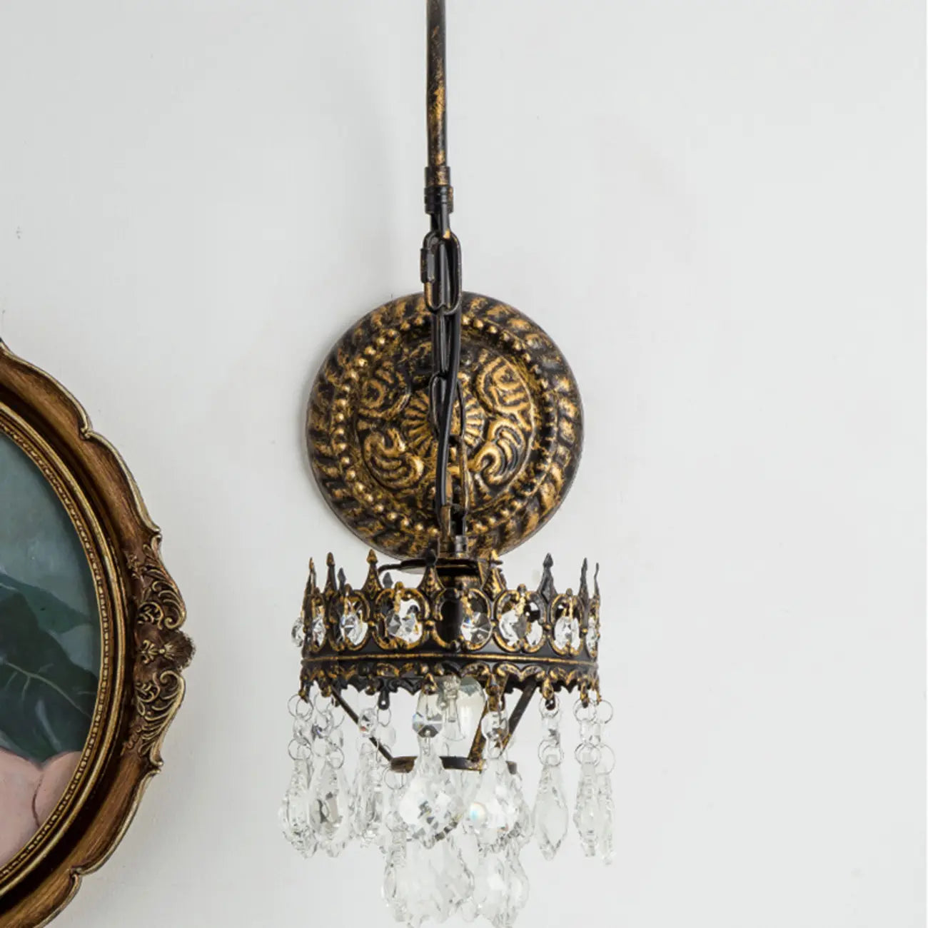 Luxurious Antique Brass Vintage Hanging Wall Lamp with Crystal