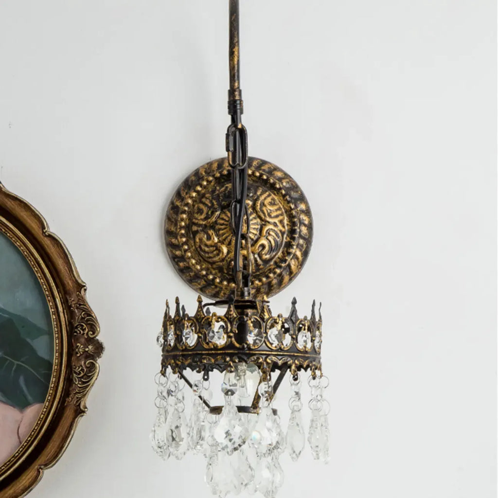 Luxurious Antique Brass Vintage Hanging Wall Lamp with Crystal