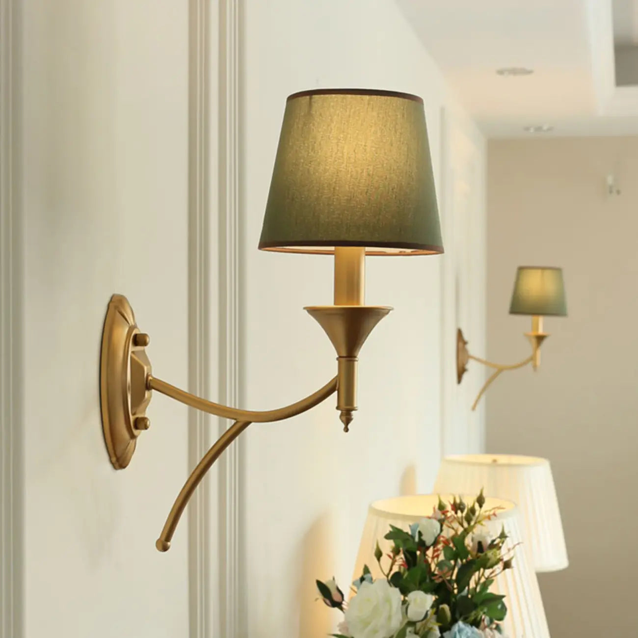 Vintage Brass Fabric Shade Wall Sconce