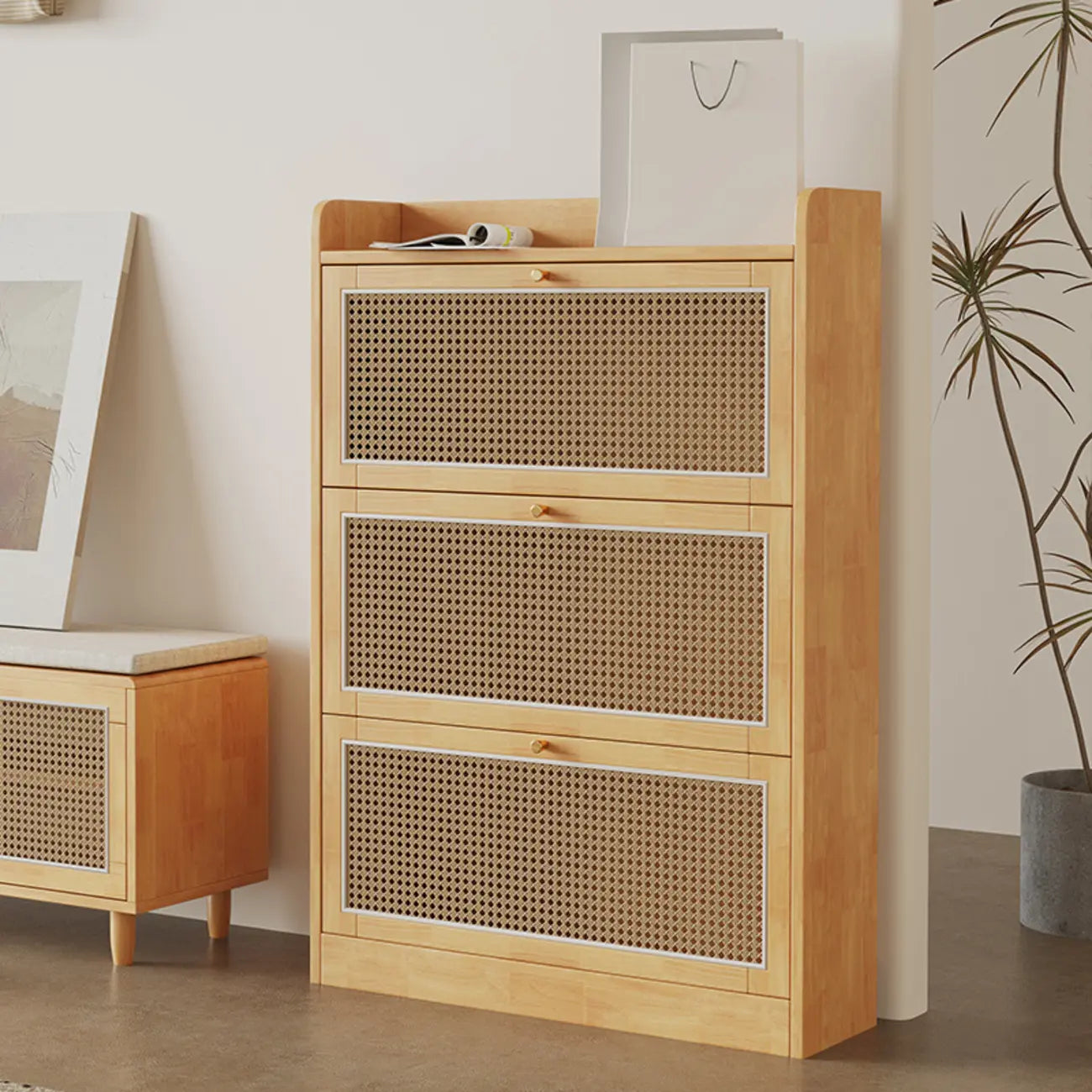 Bohemian Solid Wood Shoe Storage with Rattan Doors