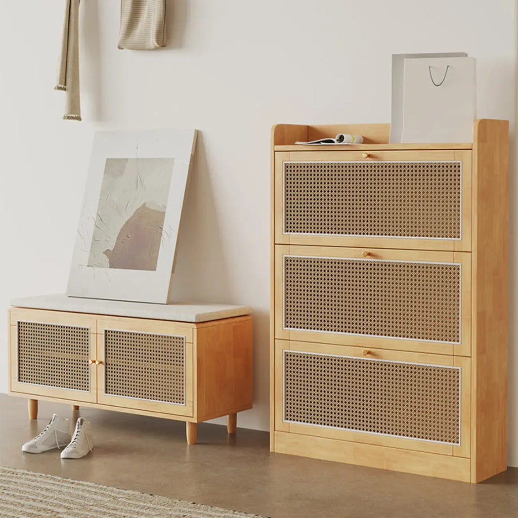 Bohemian Solid Wood Shoe Storage with Rattan Doors