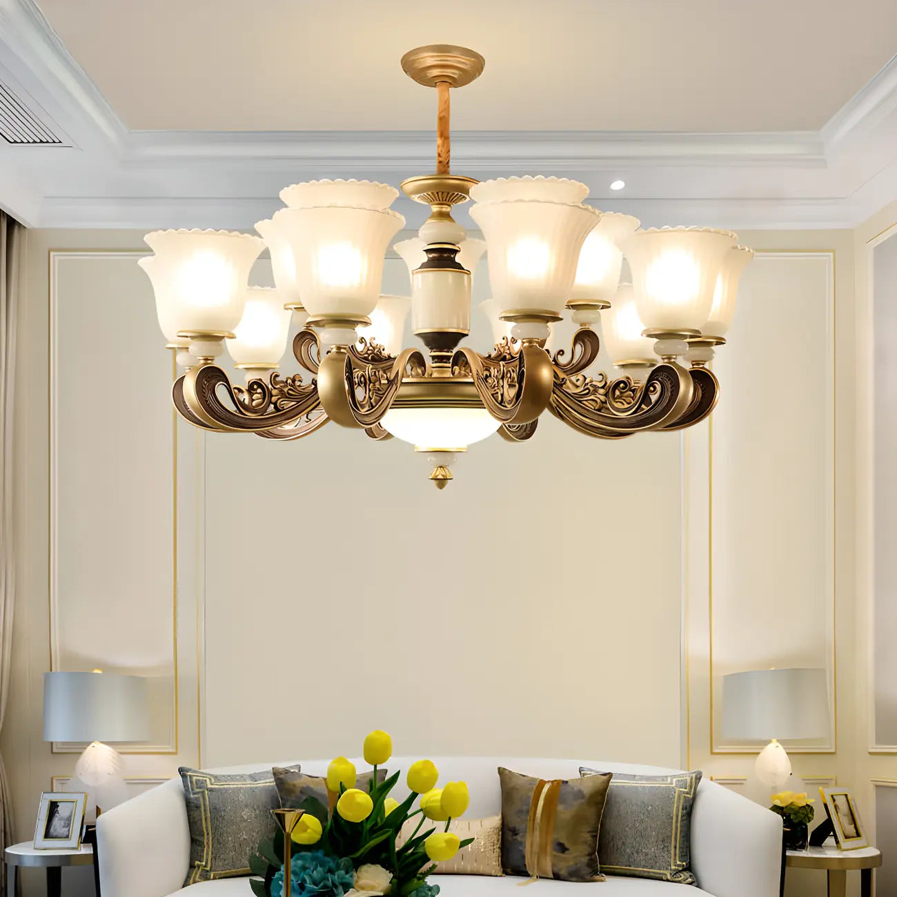 Adjustable Dining Room Gold Glass Bell Shape Up Light Chandelier