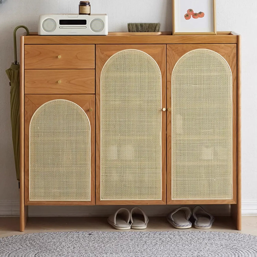 Bohemian Wood Arched Rattan Shoe Cabinet for Hallway