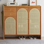 Bohemian Wood Arched Rattan Shoe Cabinet for Hallway