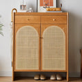 Bohemian Wood Arched Rattan Shoe Cabinet for Hallway
