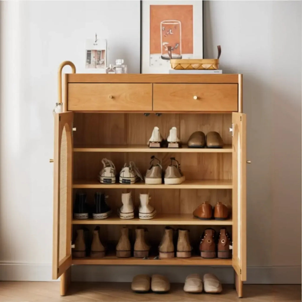 Bohemian Wood Arched Rattan Shoe Cabinet for Hallway