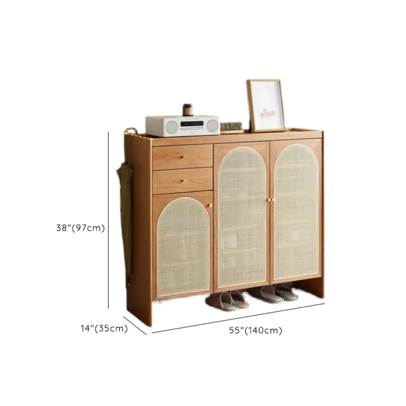 Bohemian Wood Arched Rattan Shoe Cabinet for Hallway