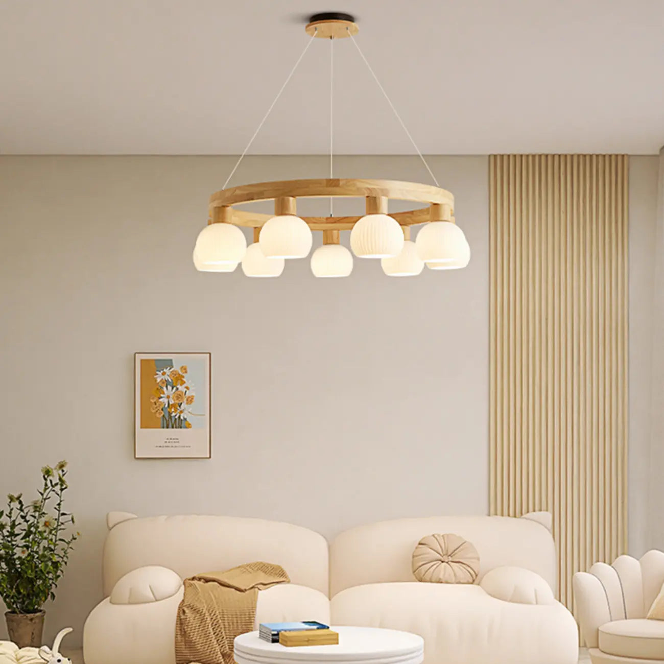 Nordic Natural Wood Round Glass Pendant Chandelier