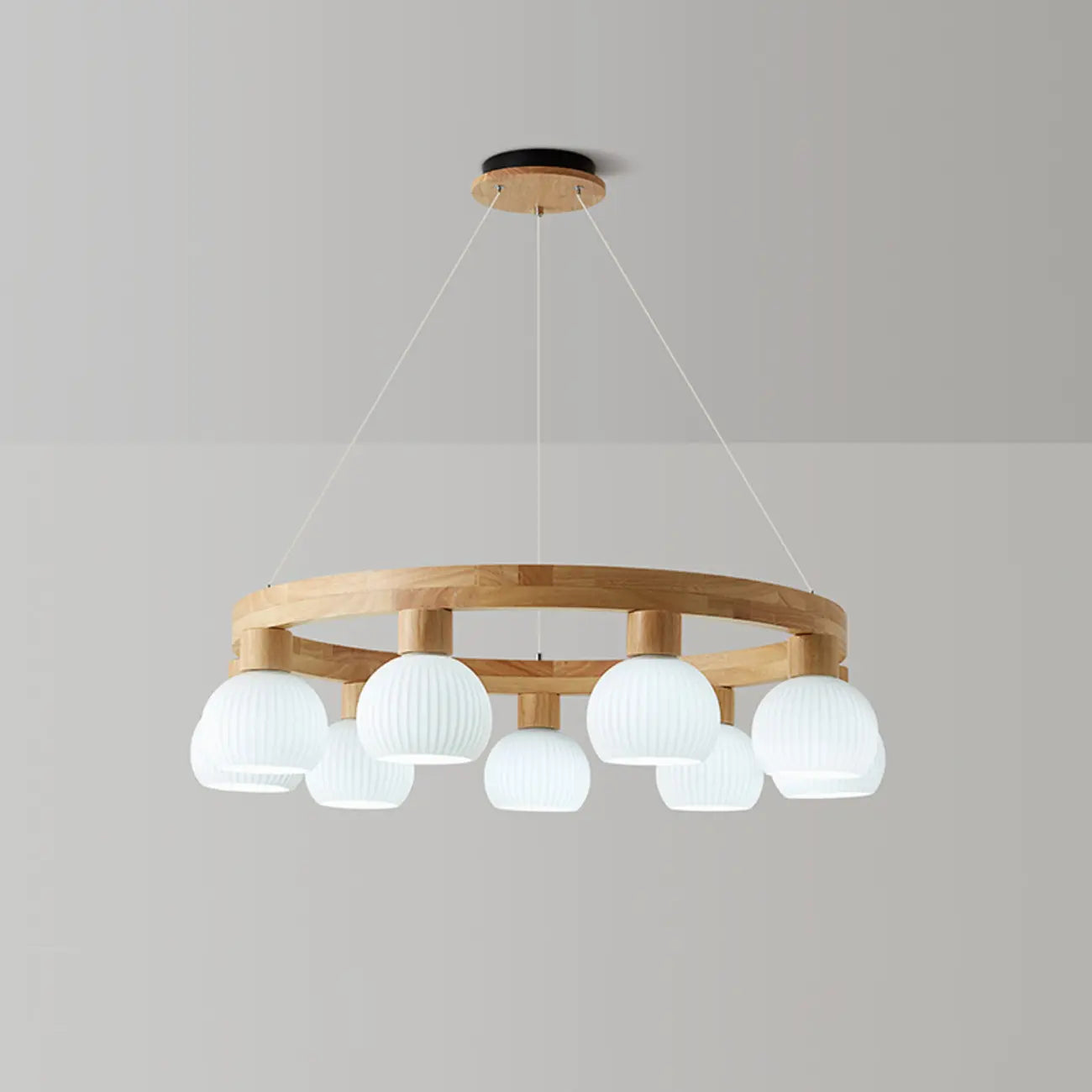 Nordic Natural Wood Round Glass Pendant Chandelier