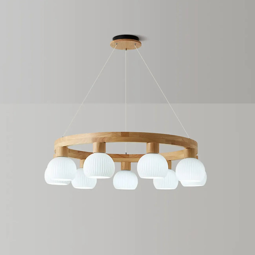 Nordic Natural Wood Round Glass Pendant Chandelier