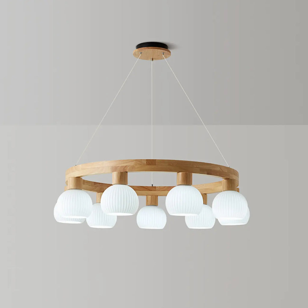 Nordic Natural Wood Round Glass Pendant Chandelier