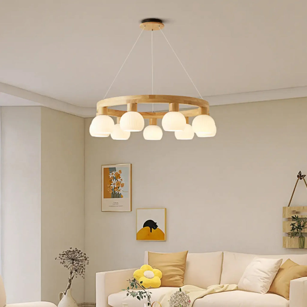 Nordic Natural Wood Round Glass Pendant Chandelier