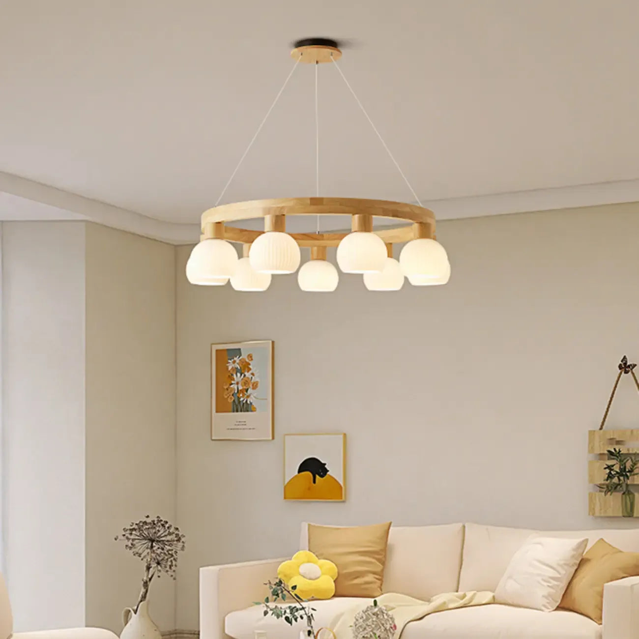 Nordic Natural Wood Round Glass Pendant Chandelier