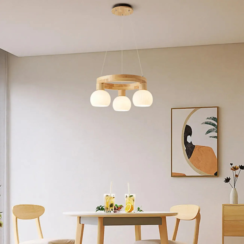 Nordic Natural Wood Round Glass Pendant Chandelier