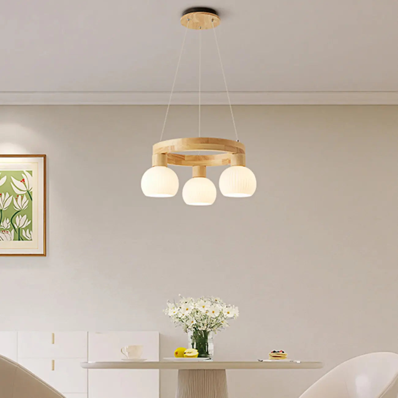 Nordic Natural Wood Round Glass Pendant Chandelier