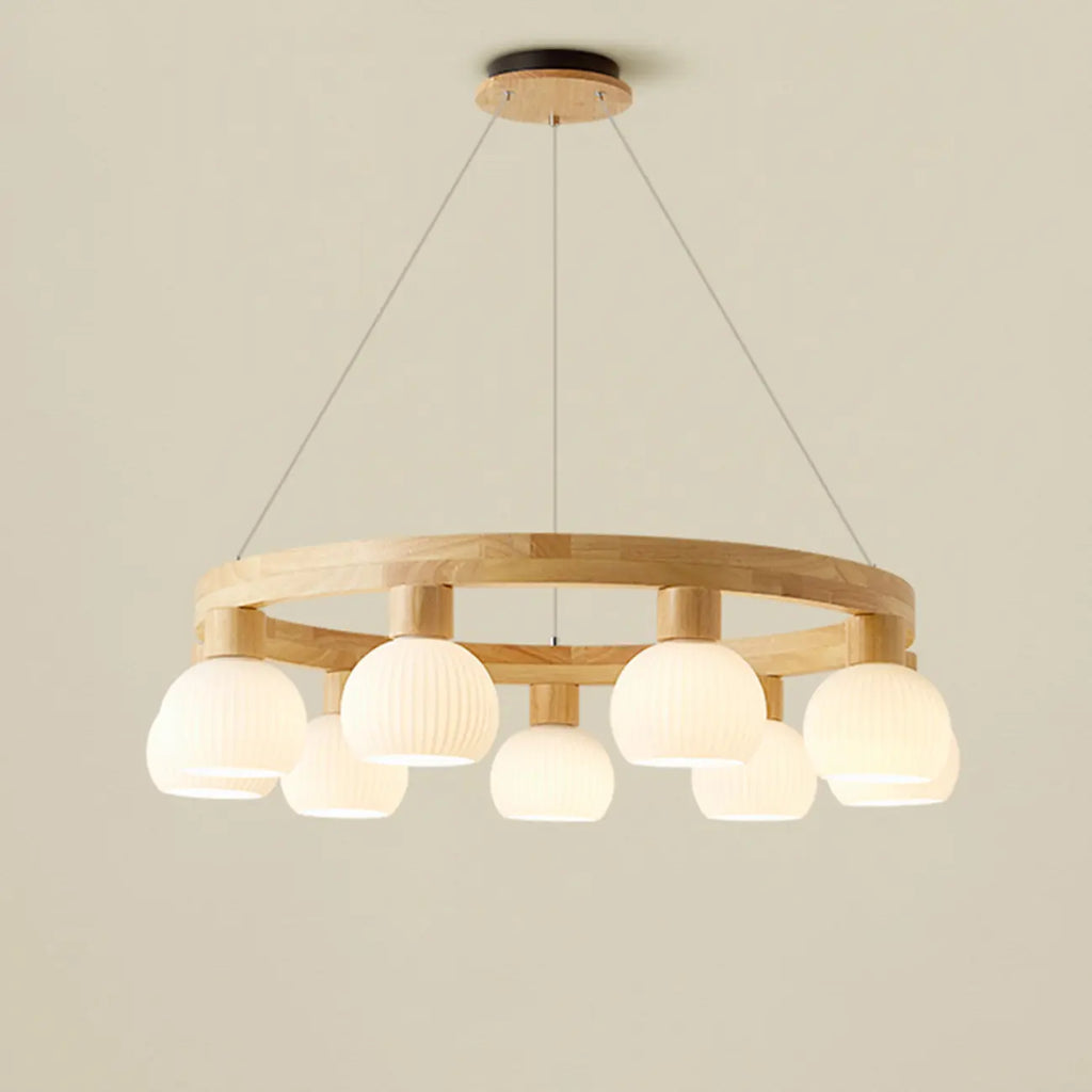 Nordic Natural Wood Round Glass Pendant Chandelier