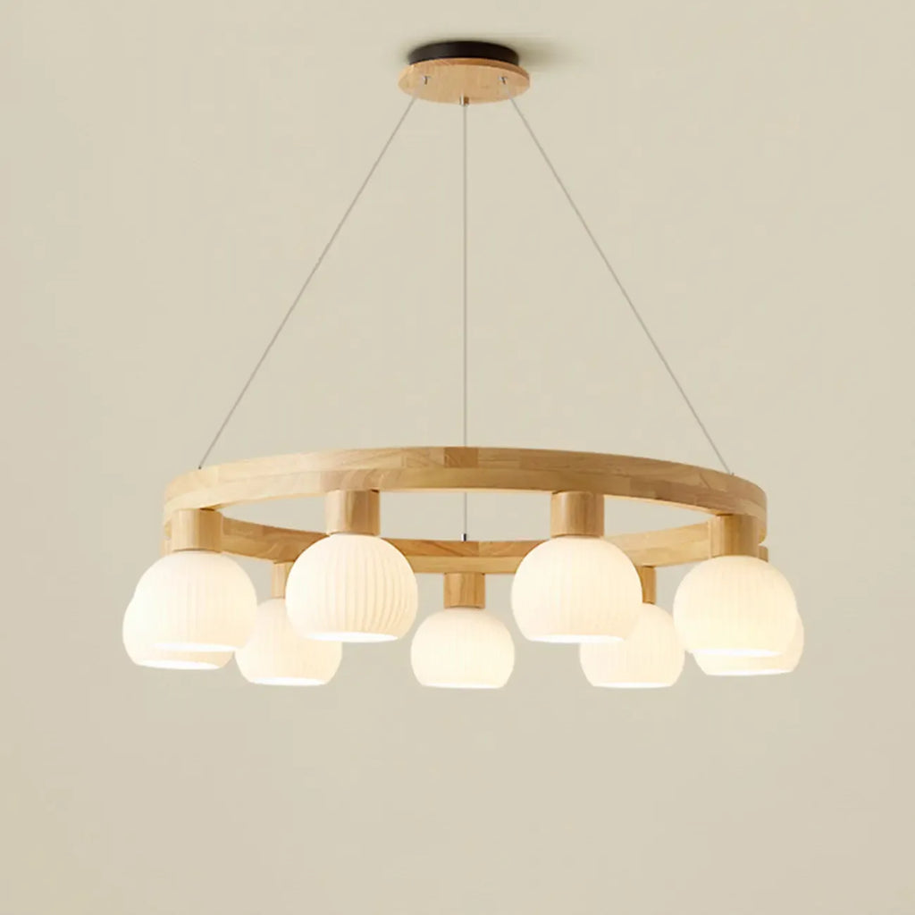 Nordic Natural Wood Round Glass Pendant Chandelier