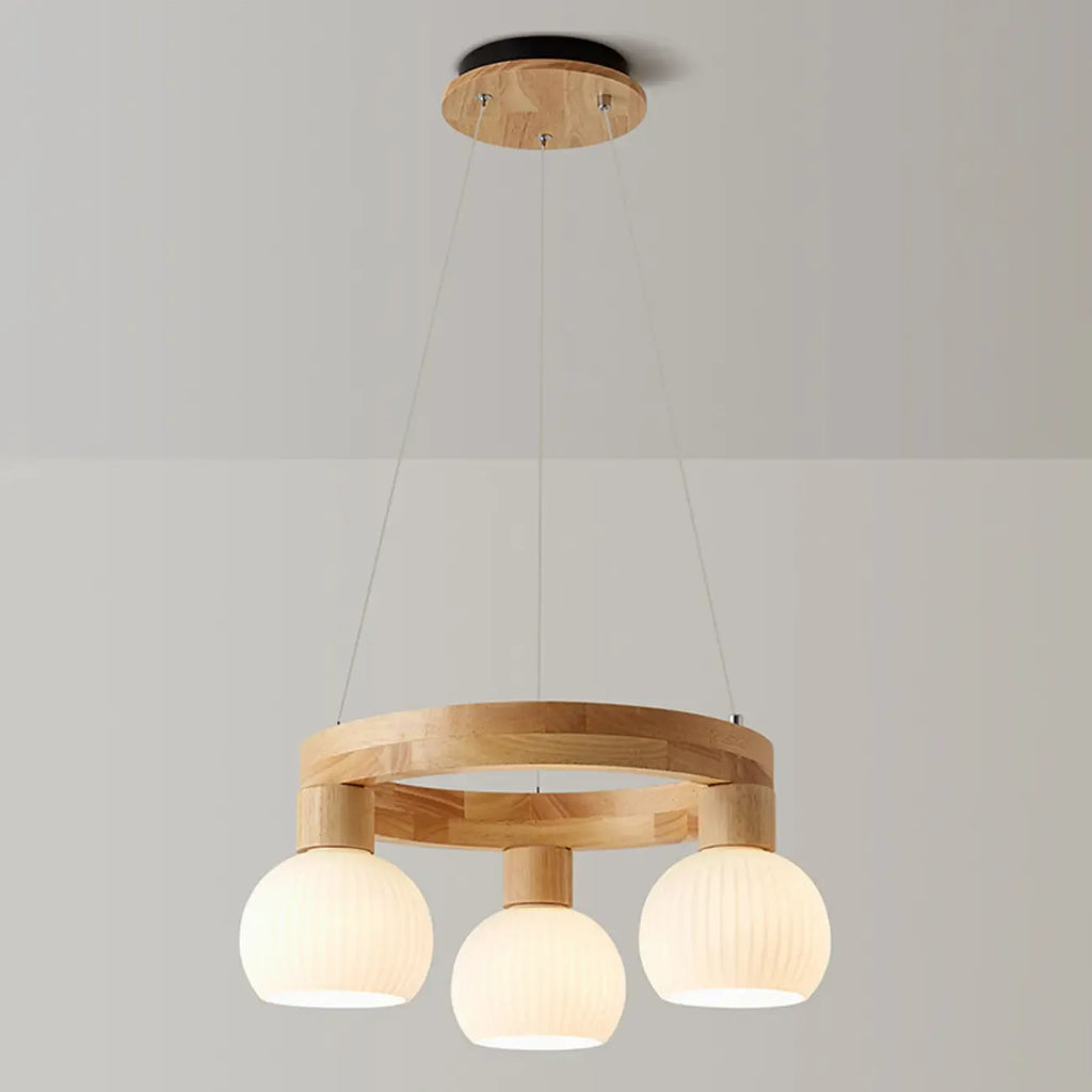 Nordic Natural Wood Round Glass Pendant Chandelier