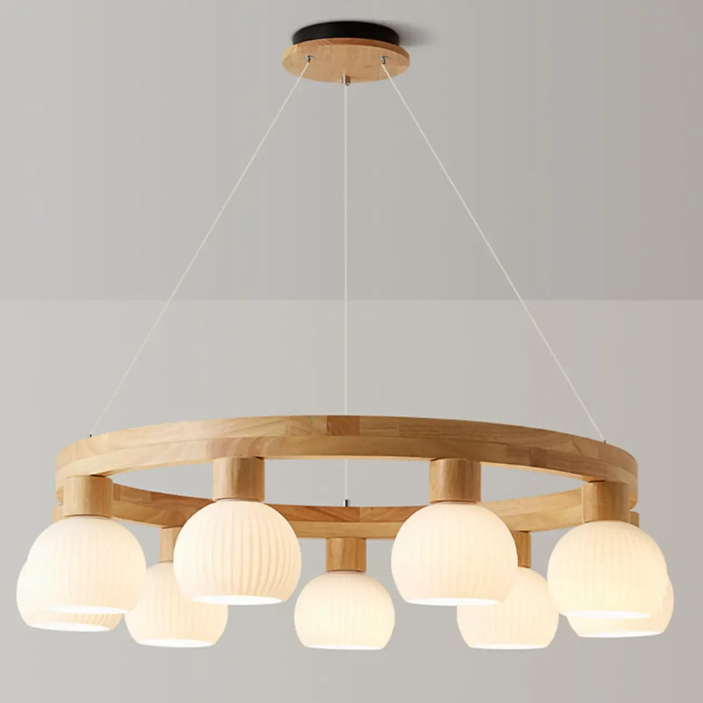Nordic Natural Wood Round Glass Pendant Chandelier