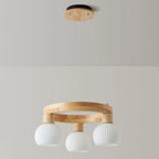 Nordic Natural Wood Round Glass Pendant Chandelier