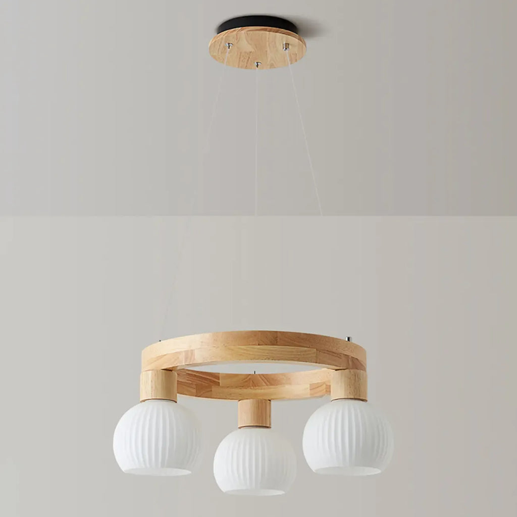 Nordic Natural Wood Round Glass Pendant Chandelier