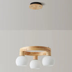 Nordic Natural Wood Round Glass Pendant Chandelier