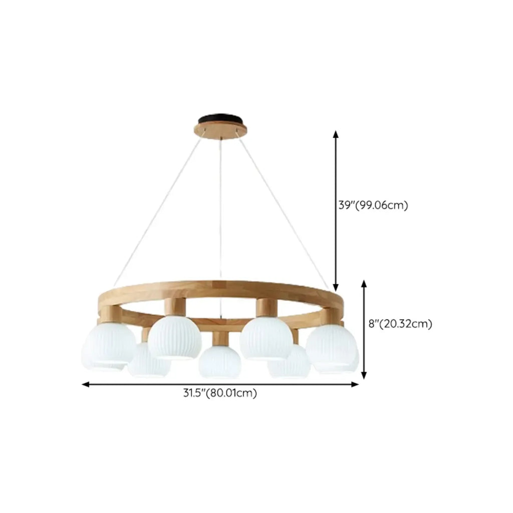Nordic Natural Wood Round Glass Pendant Chandelier