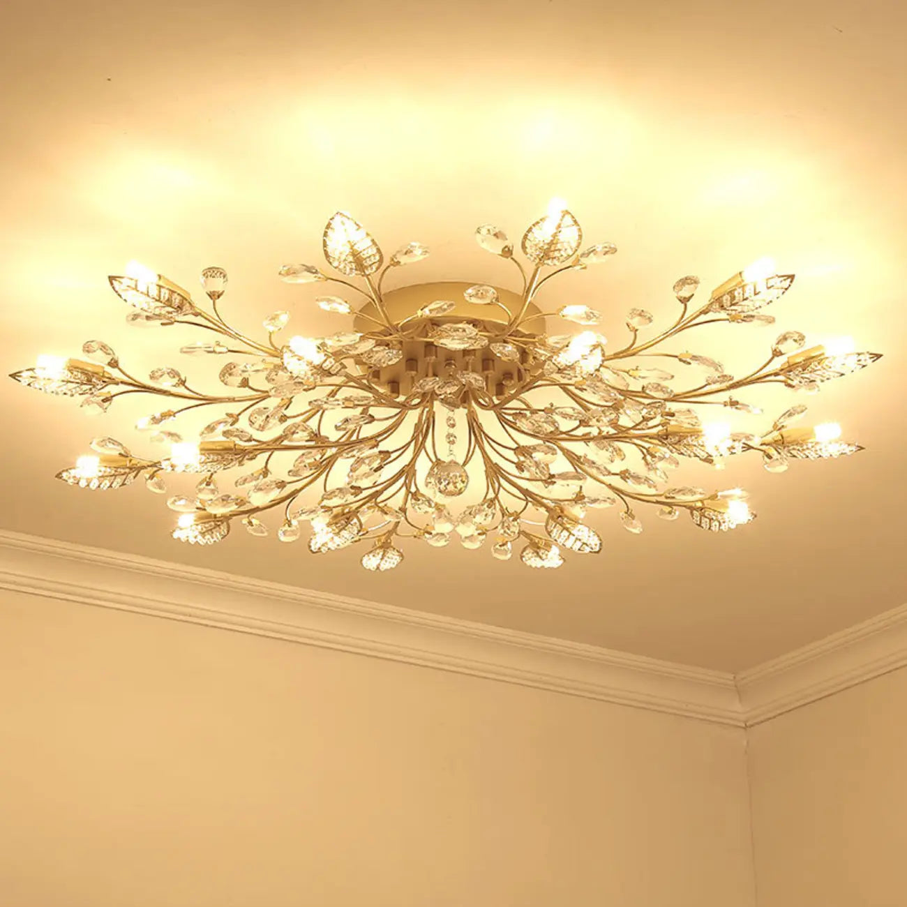 Elegant Golden Branch Crystal Semi Flush Ceiling Light