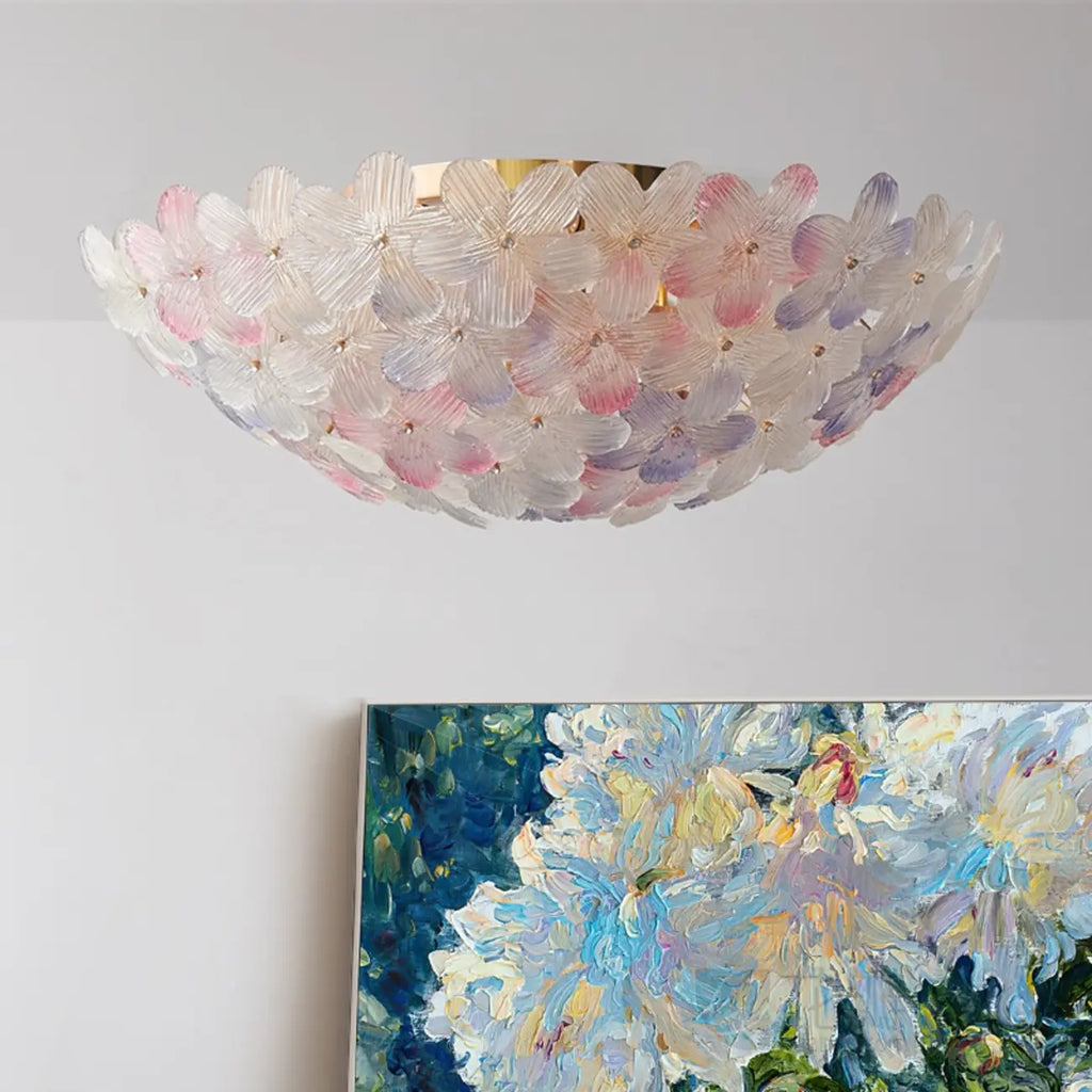 Modern Floral Glass Shade Round Gold Flush Ceiling Light
