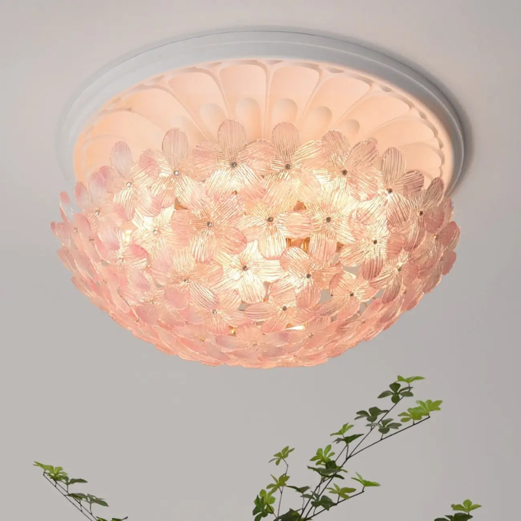 Modern Floral Glass Shade Round Gold Flush Ceiling Light