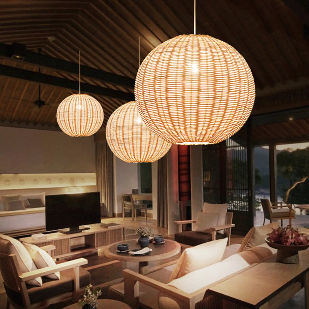 Oriental Beige Rattan Globe Pendant Light Fixture for Indoor
